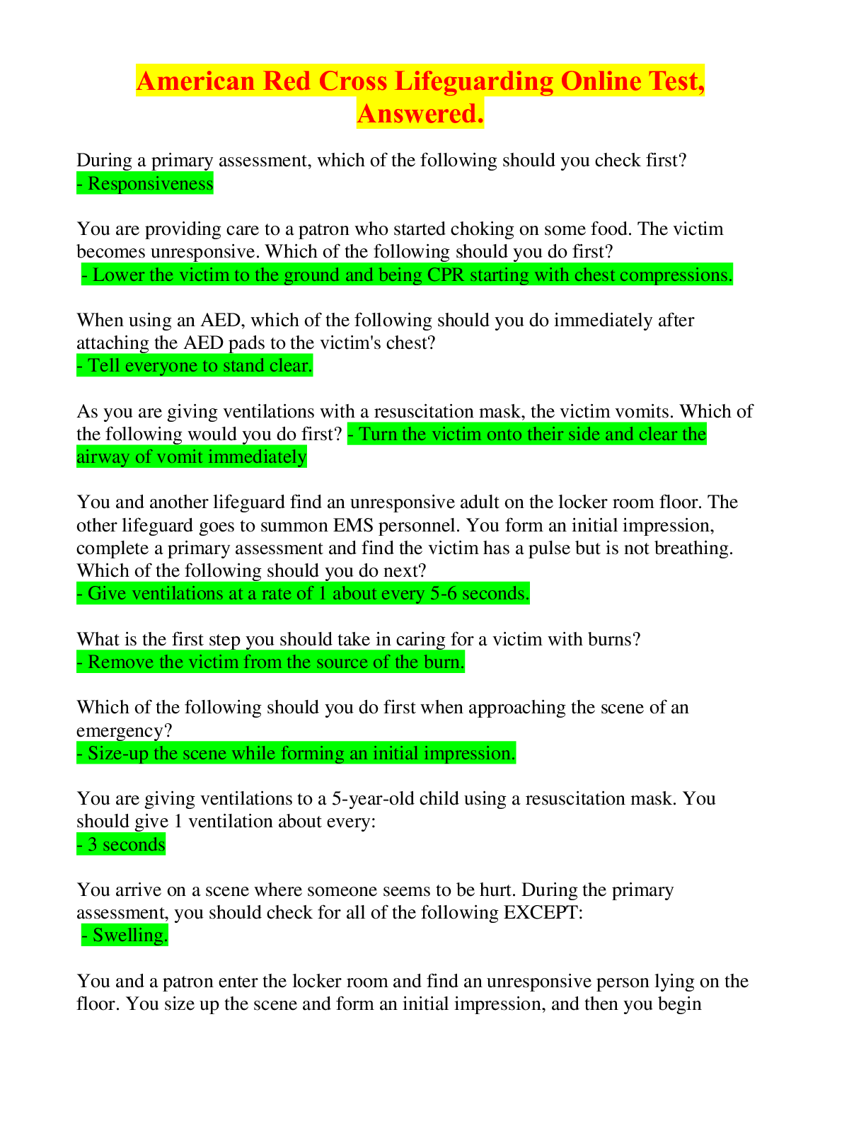 Preview image for American Red Cross Lifeguarding Online Test, Answered.